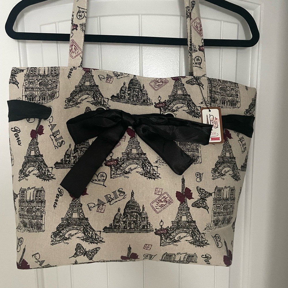 Paris Print Canvas Tote Bag with Black Bow